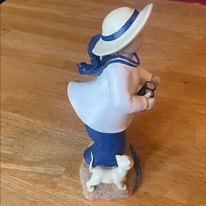 White and Blue 10 Inch Tall Sailor Girl with Binoculars and Cat Figurine